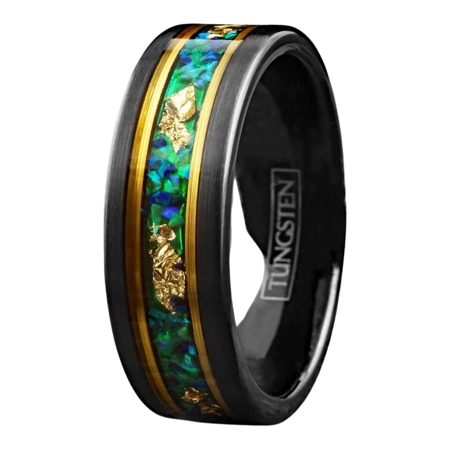 Mens Engagement Style Ring | Unique Green Opal w/ Gold Foil Leaf | Minimalist Ring Band for Boys | Statement Rings | 8mm Width