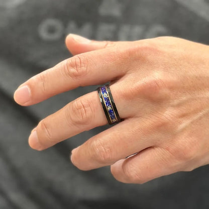 Hand Hammered Blue Sapphire w/ Gold Foil Leaf Wedding Band | Black Tungsten Ring Band | All sizes available | 8mm Width