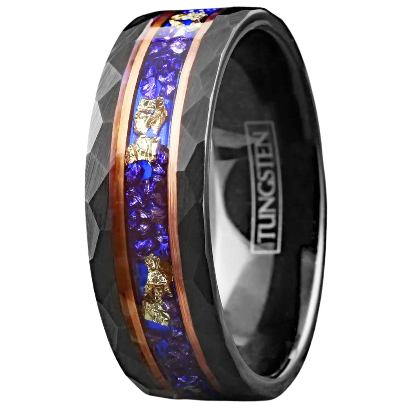 Hand Hammered Blue Sapphire w/ Gold Foil Leaf Wedding Band | Black Tungsten Ring Band | All sizes available | 8mm Width