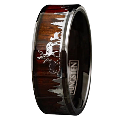Deer Animal Family Band for Men | Black Tungsten and Natural Forest Wood Ring | Personalized Jewelry for Him | 8mm Width