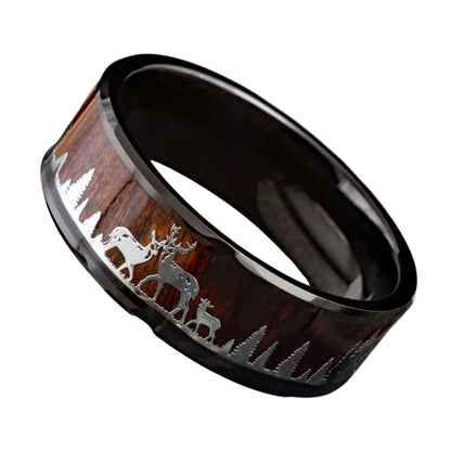 Deer Animal Family Band for Men | Black Tungsten and Natural Forest Wood Ring | Personalized Jewelry for Him | 8mm Width
