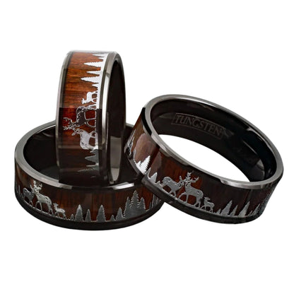Deer Animal Family Band for Men | Black Tungsten and Natural Forest Wood Ring | Personalized Jewelry for Him | 8mm Width