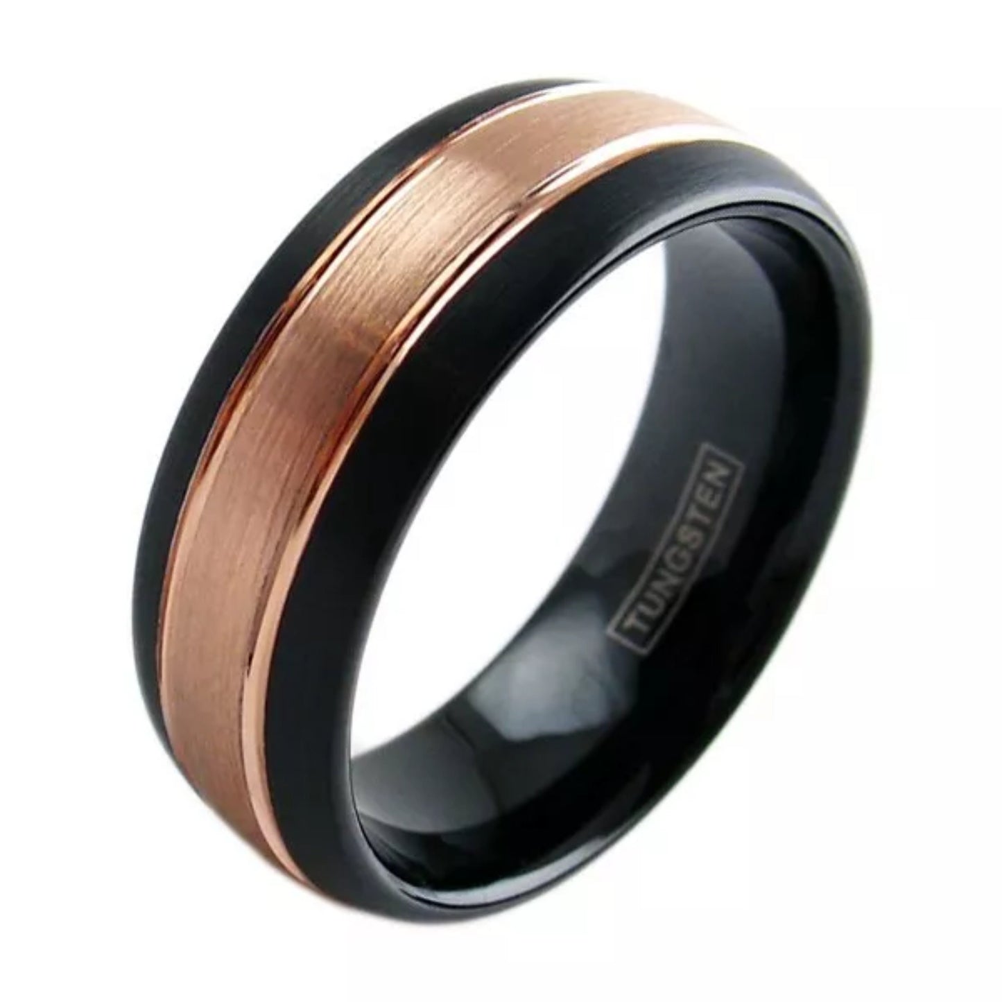 Personalized Brushed Rose Gold Plated Engravable Wedding Band | 8mm Grooved Tungsten Men's Ring | All Sizes available