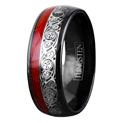 Father’s Day Gift | Black Tungsten Men's Band Ring | Clockwork Gears & Red Wire Wedding Band | 8mm Size 9 Rings