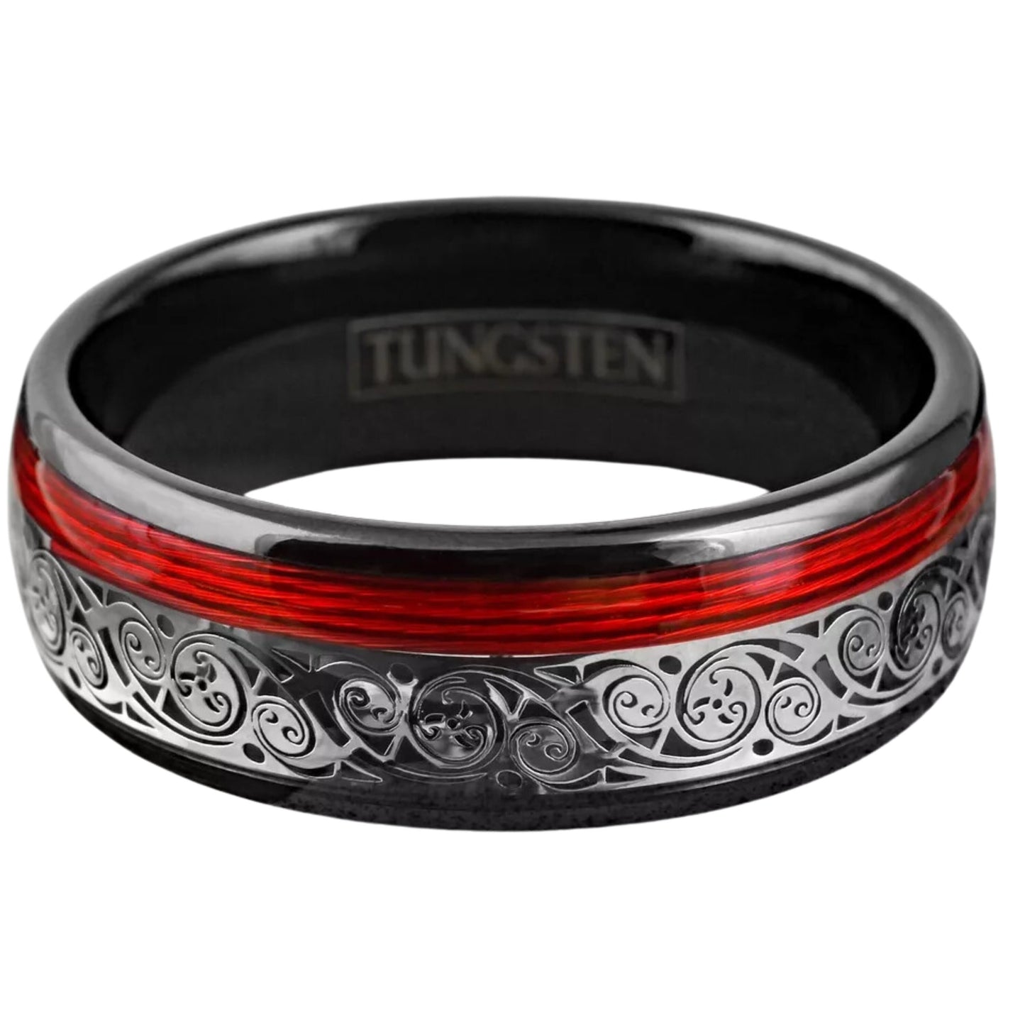 Father’s Day Gift | Black Tungsten Men's Band Ring | Clockwork Gears & Red Wire Wedding Band | 8mm Size 9 Rings