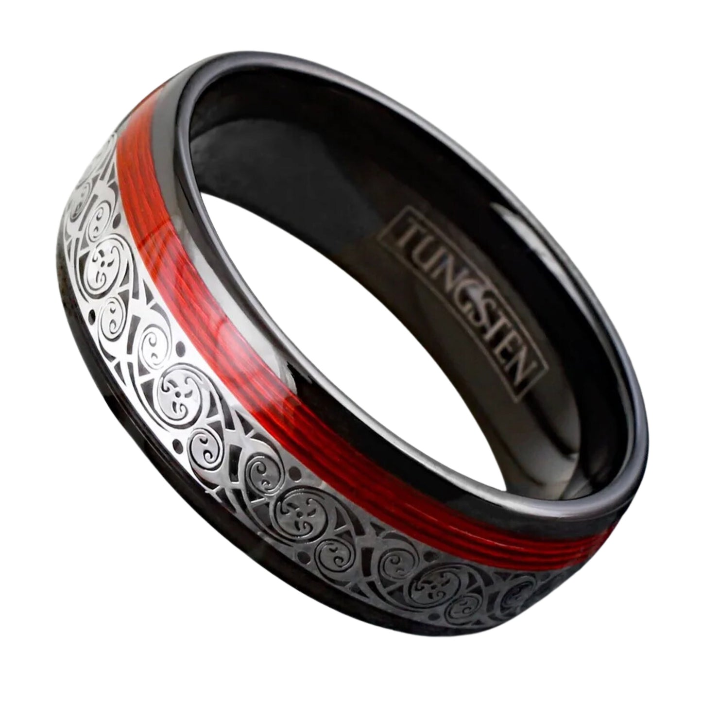 Father’s Day Gift | Black Tungsten Men's Band Ring | Clockwork Gears & Red Wire Wedding Band | 8mm Size 9 Rings