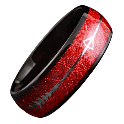 Engravable Red Meteorite w/ Silver Arrow Wedding Band | Black Tungsten Men's Ring | Father’s Day Gift