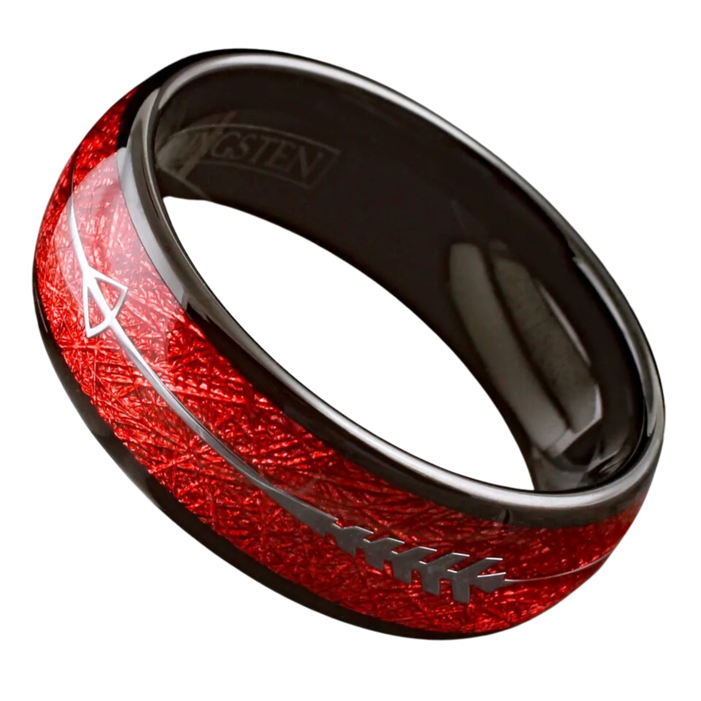 Engravable Red Meteorite w/ Silver Arrow Wedding Band | Black Tungsten Men's Ring | Father’s Day Gift