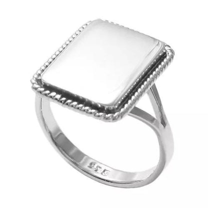 Personalizable Rectangle Shaped Women Ring | 925 Sterling Silver Rope Edge Design | 17mm Ring with All Size 5-9