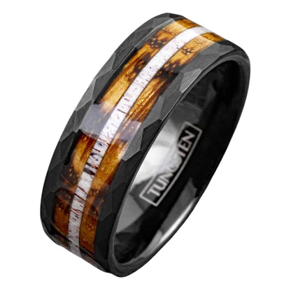 Whiskey Barrel Wood and Deer Antler Inlay on Black Tungsten Ring | Classy Beige Ring for Men | Men’s Formal Accessories