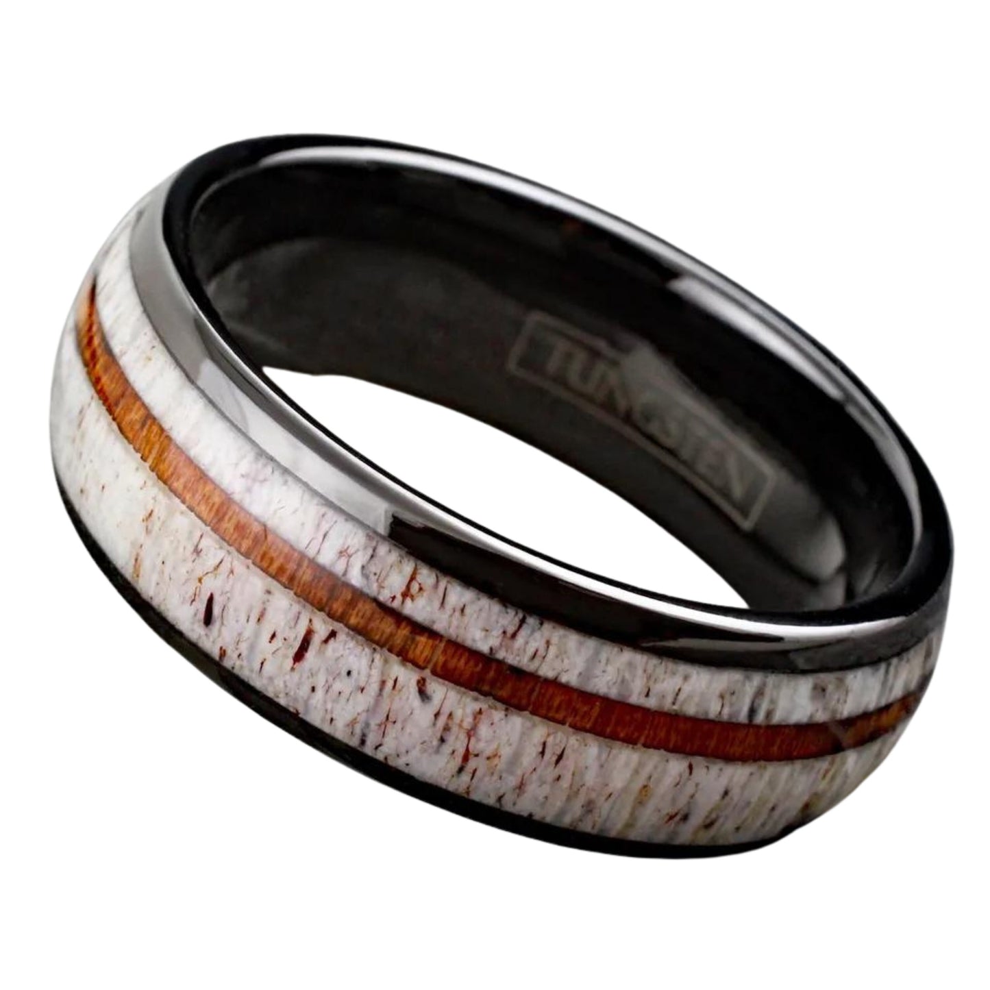 Men’s Deer Antler w/ Sandalwood Stripe Engagement Band | Black Tungsten Men's Ring | Gift for Father | Minimalist Gift
