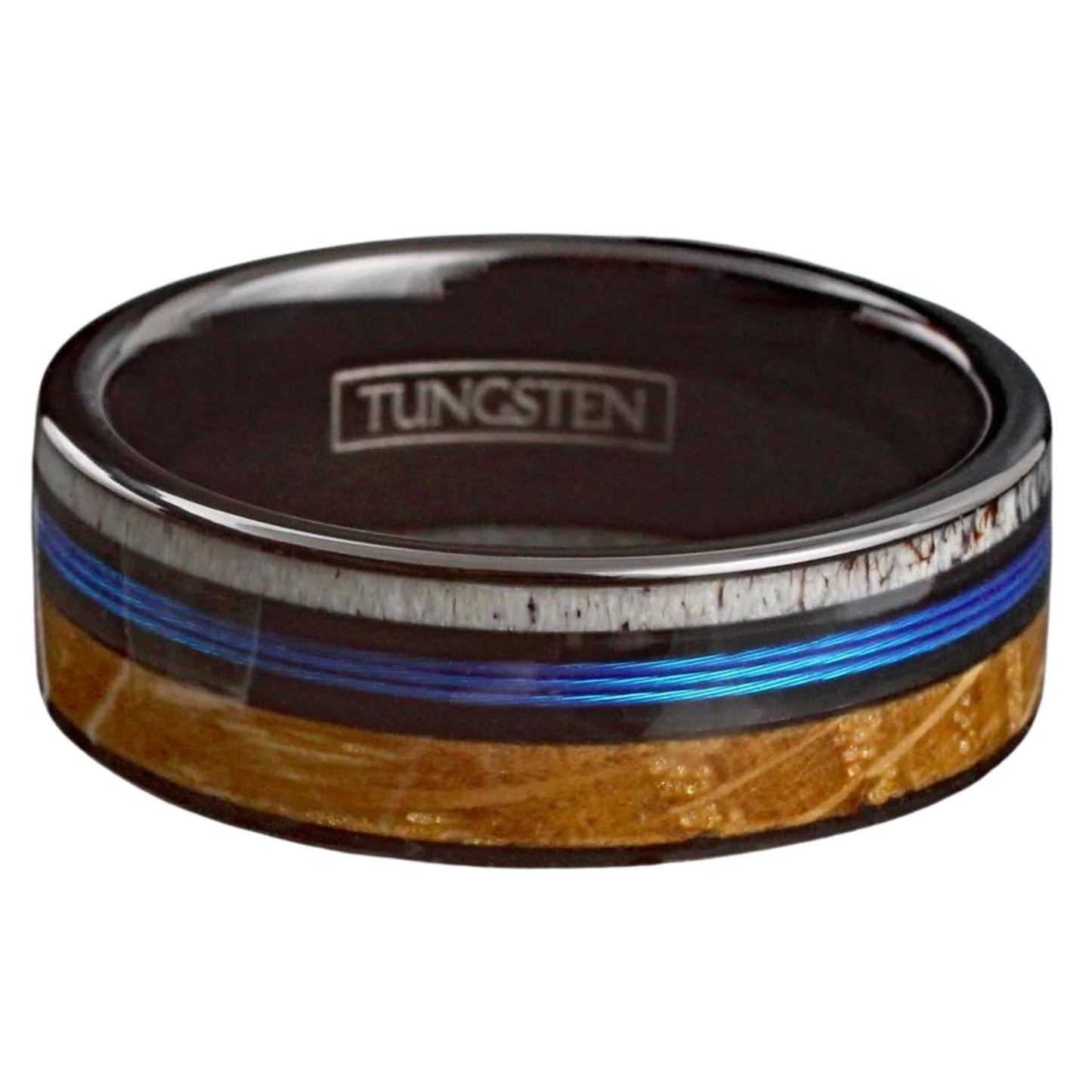 Blue Fishing Line, Deer Antler & Whiskey Barrel Wood Band for Men | Black Tungsten Men's Ring | Personalization Available
