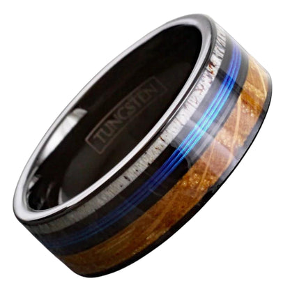 Blue Fishing Line, Deer Antler & Whiskey Barrel Wood Band for Men | Black Tungsten Men's Ring | Personalization Available