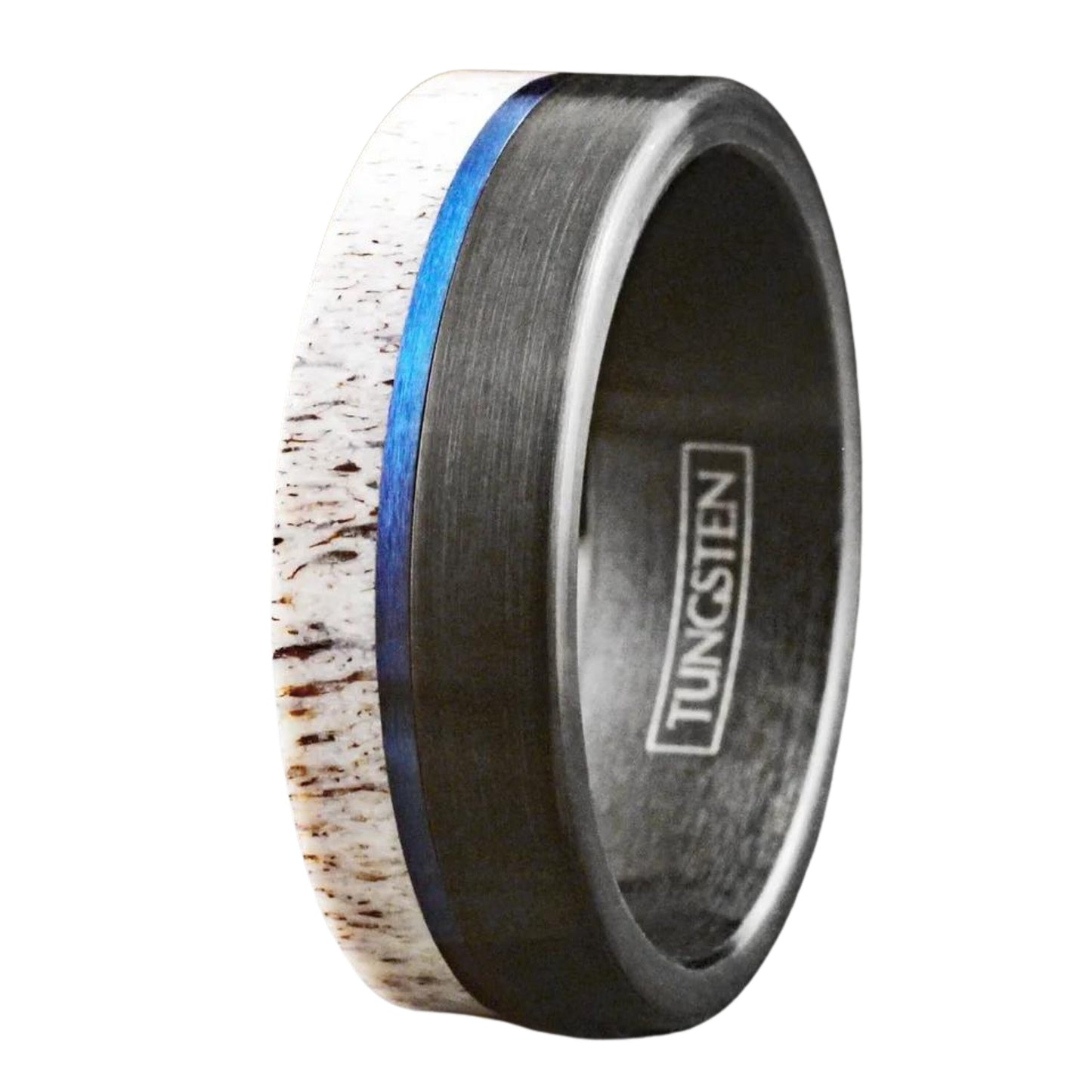 Customizable Men's Deer Antler w/ Blue Stripe Tungsten Ring | Wedding Band for Men | Gift for Him | Dainty Jewelry