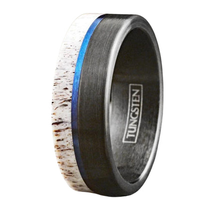Customizable Men's Deer Antler w/ Blue Stripe Tungsten Ring | Wedding Band for Men | Gift for Him | Dainty Jewelry