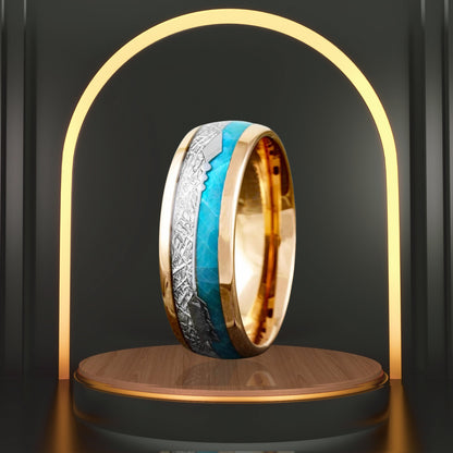 Personalized Rose Gold Plated Tungsten Ring | Faux Blue Opal & Meteorite Wedding Band Ring | Gift for Men