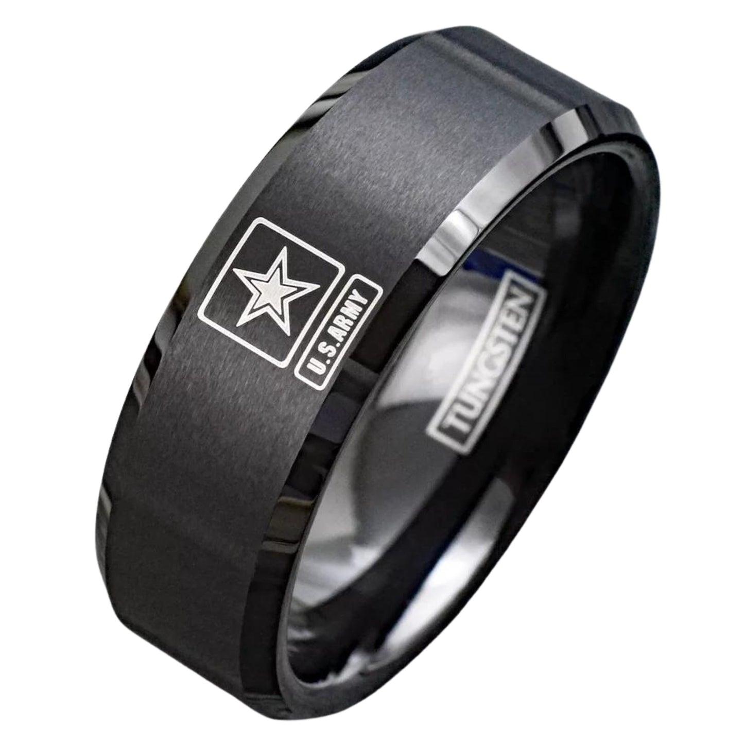Personalized Patriotic United States U.S. Army Military Wedding Band |  Black Tungsten Carbide Men's Ring | 8mm Width Ring Band