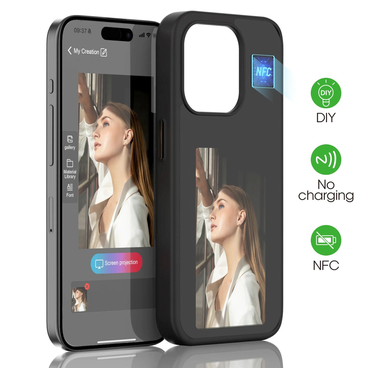 Customizable Phone Case with E Ink Screen Display, NFC, and DIY Picture Option for iPhone