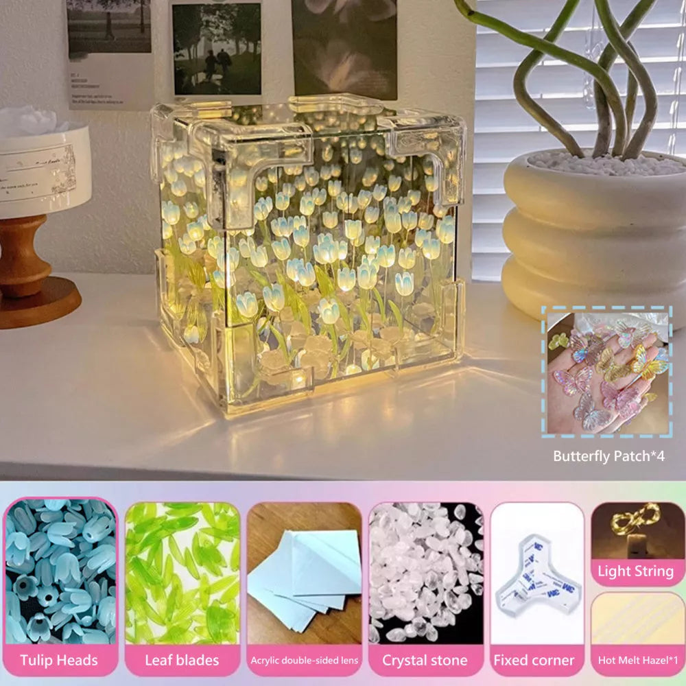Flower Lampara De Tulipanes DIY Tulip Night Light Cube Mirror Lamp Home Decor