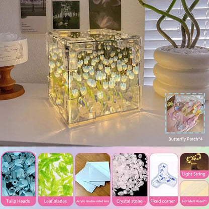 Flower Lampara De Tulipanes DIY Tulip Night Light Cube Mirror Lamp Home Decor