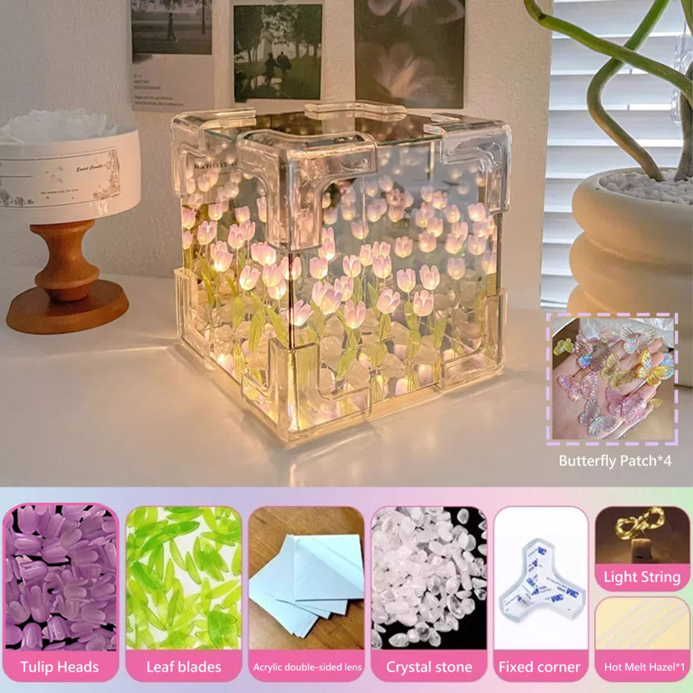 Flower Lampara De Tulipanes DIY Tulip Night Light Cube Mirror Lamp Home Decor