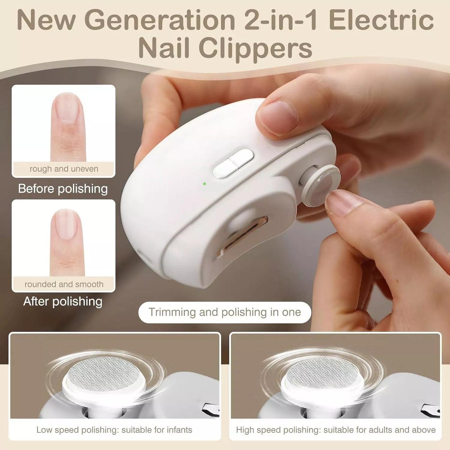 Automatic Nail Clipper Electric Trimmer Polisher 2 in 1 Portable White