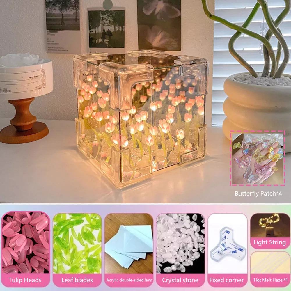 Flower Lampara De Tulipanes DIY Tulip Night Light Cube Mirror Lamp Home Decor