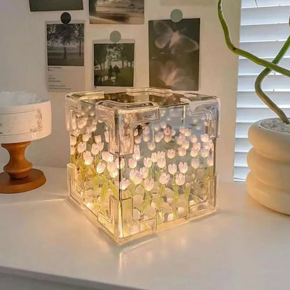 Flower Lampara De Tulipanes DIY Tulip Night Light Cube Mirror Lamp Home Decor