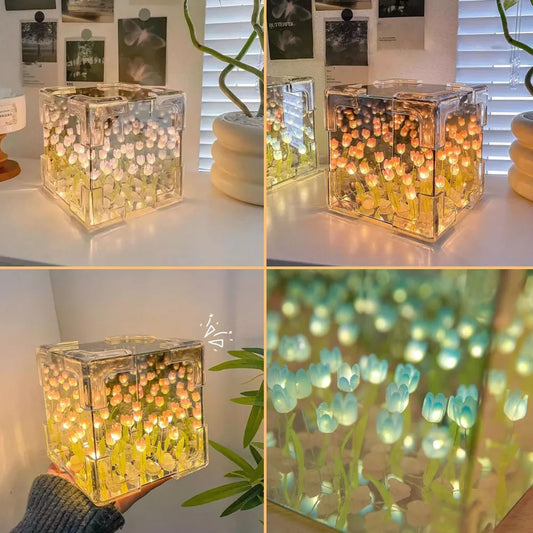 Flower Lampara De Tulipanes DIY Tulip Night Light Cube Mirror Lamp Home Decor