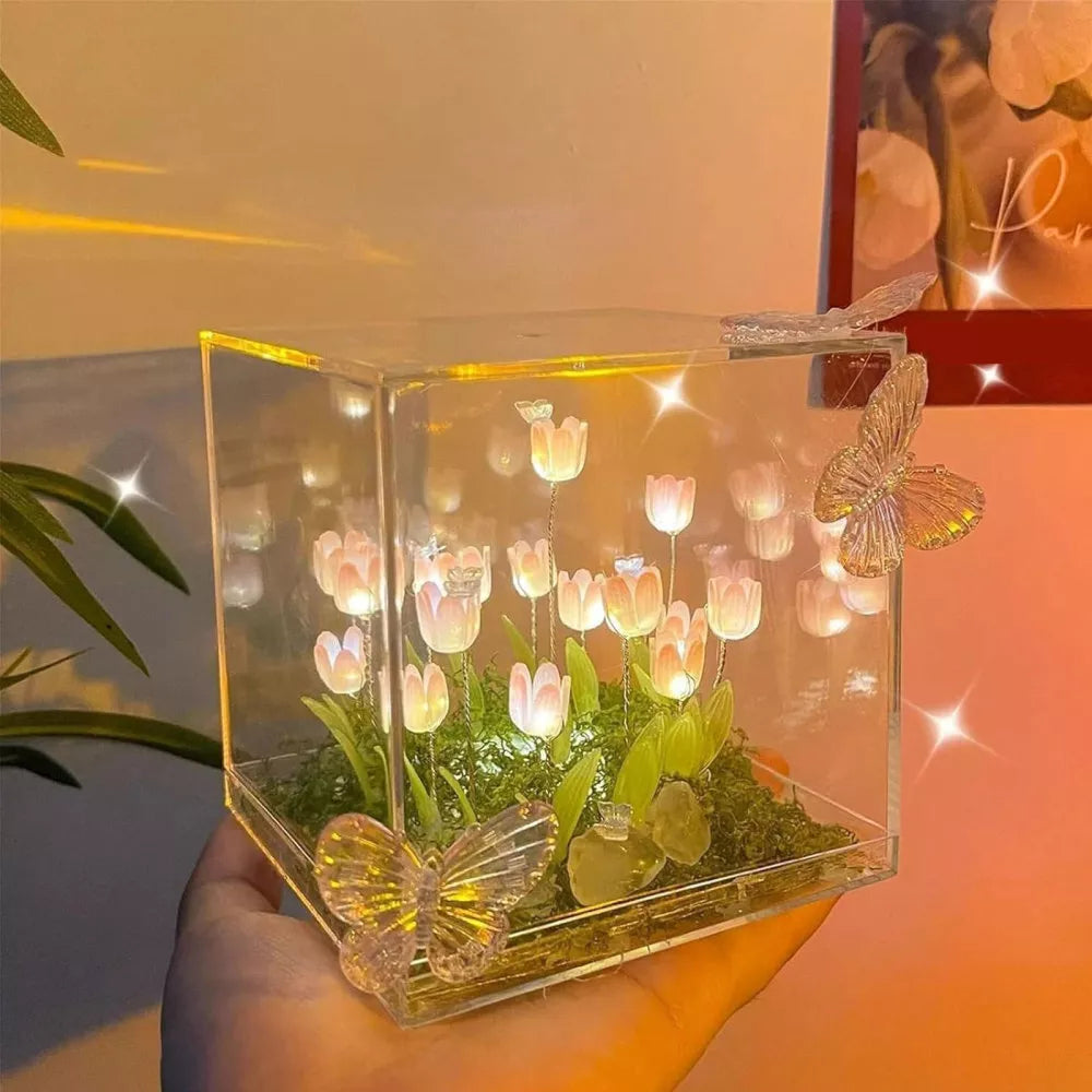Flower Lampara De Tulipanes DIY Tulip Night Light Cube Mirror Lamp Home Decor