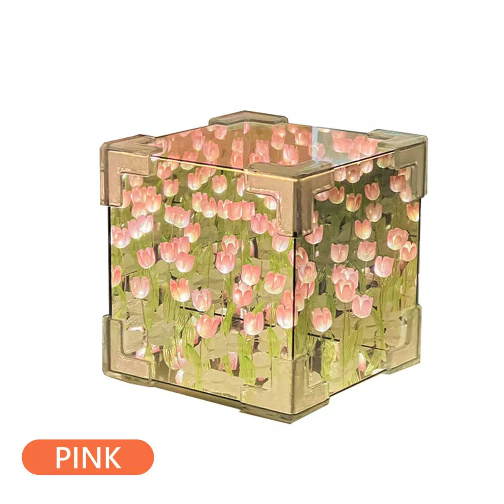 Flower Lampara De Tulipanes DIY Tulip Night Light Cube Mirror Lamp Home Decor