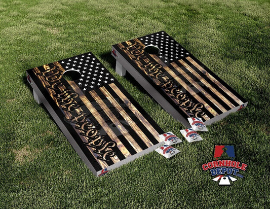 American Flag 'We The People' Dark Washed Wood Cornhole Board with Vinyl Wrap and Laminate