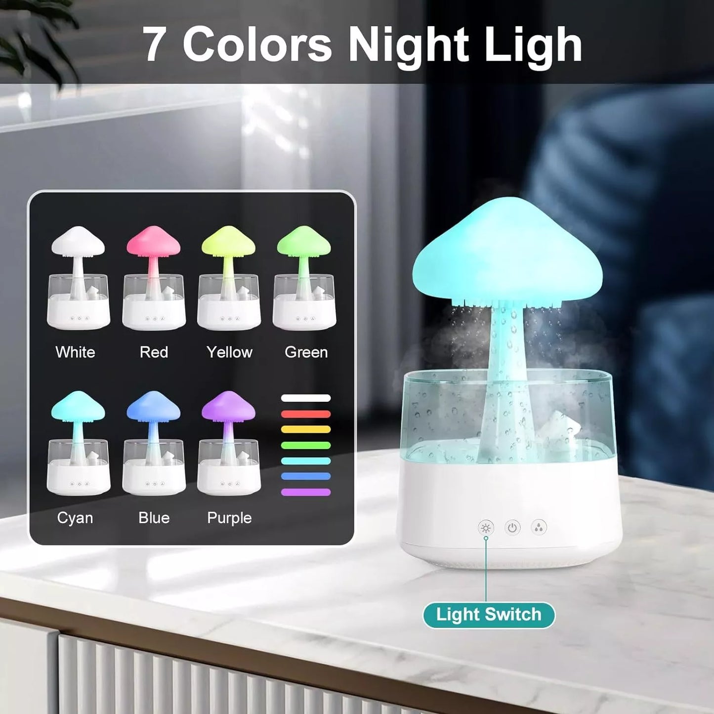 7-Color Cloud Rain Humidifier with Night Light and Aromatherapy Essential Oil Diffuser