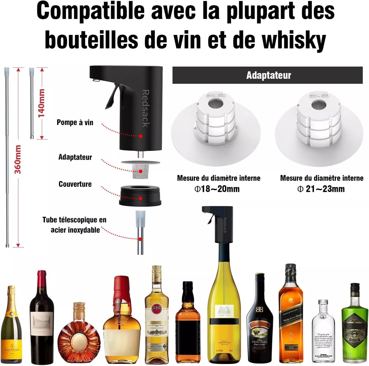 Redsack Wine Dispenser Electric Decanter Aerator Whiskey Pourer Pump Black